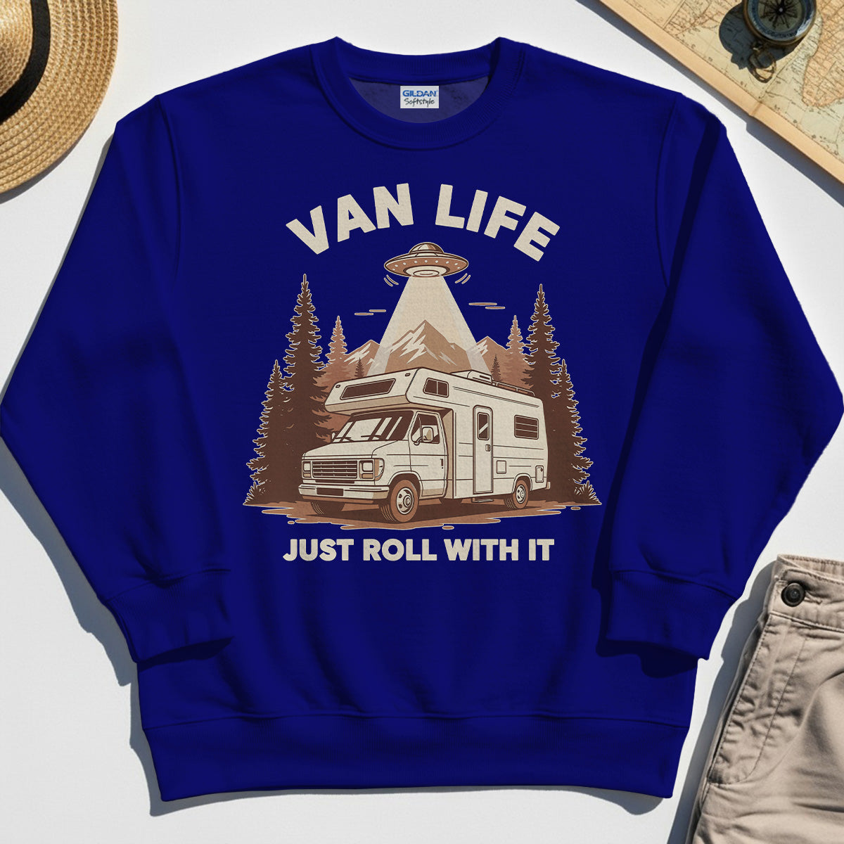 Just Roll With It Sweatshirt, Retro Camper Van Adventure Sweatshirt For Camping Lovers 6