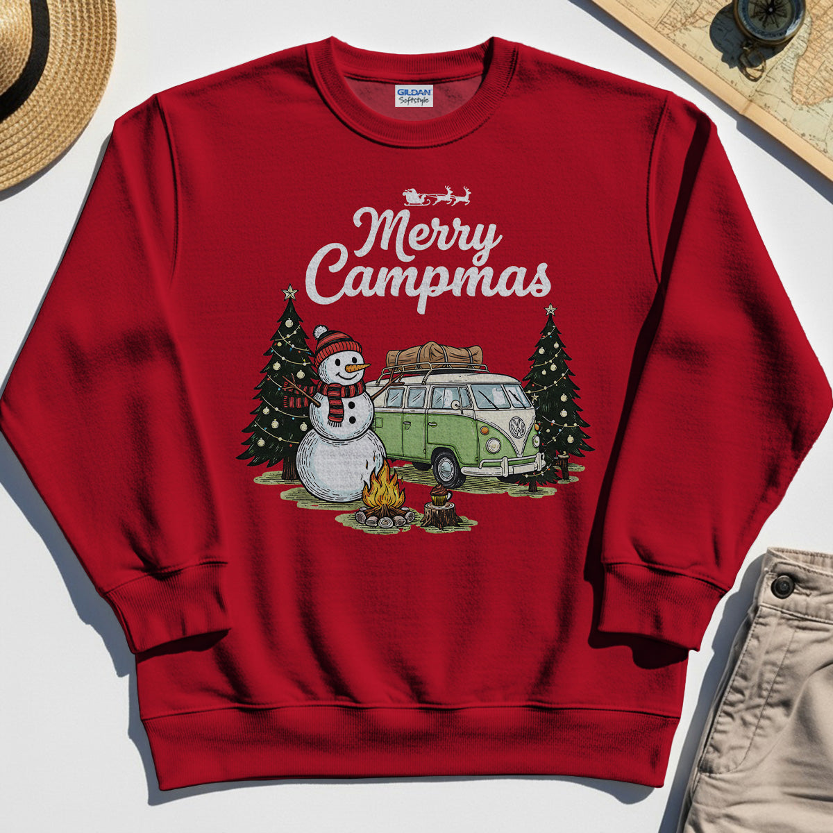 Funny Merry Christmas Camping Sweatshirt, Retro Camper Van Snowman Campfire Sweatshirt For Outdoor Lovers 8
