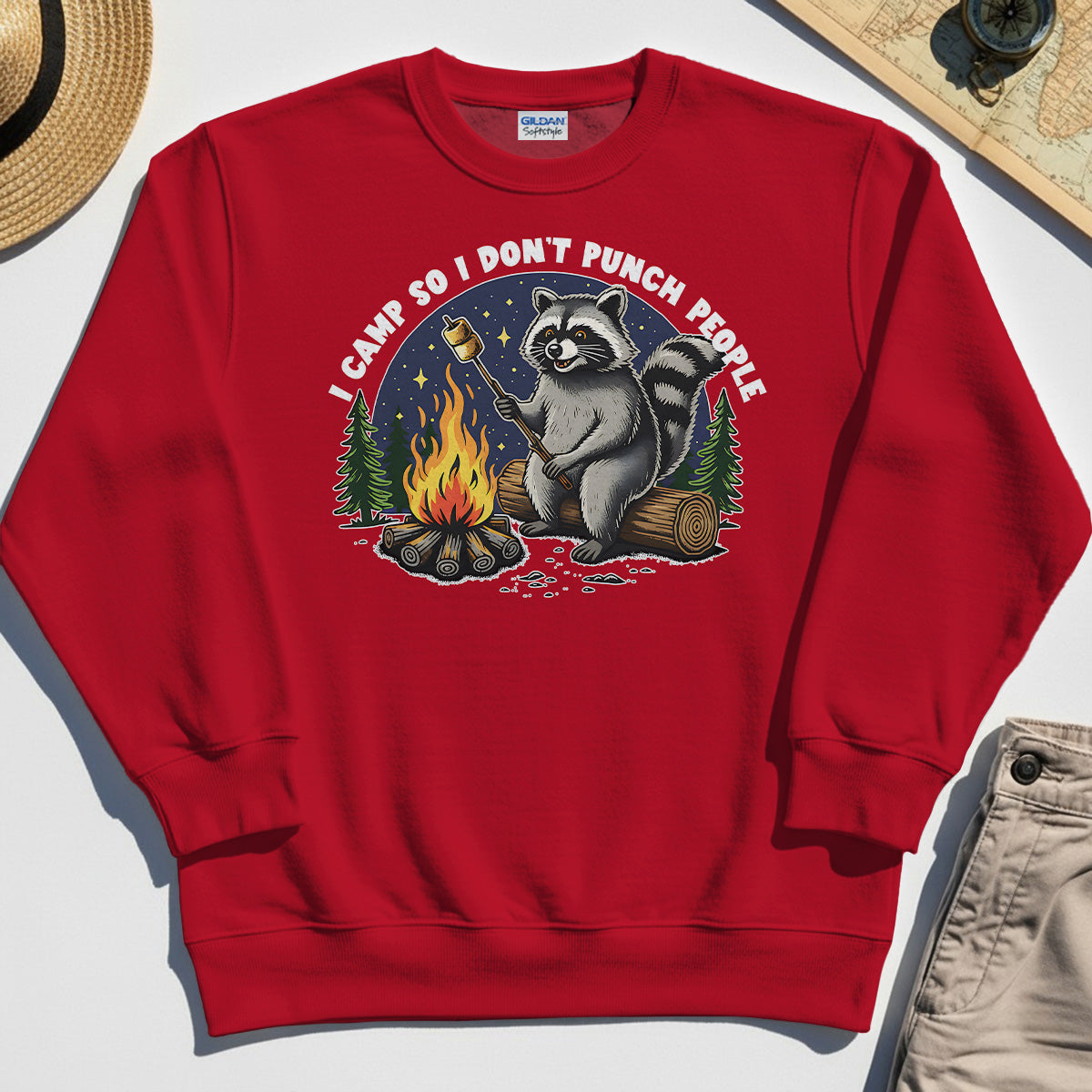 I Camp So I Don’t Punch People Sweatshirt, Funny Raccoon Marshmallow Campfire Sweatshirt 7