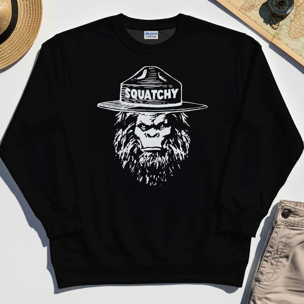 Sasquatch "SQUATCHY" Funny Bigfoot Sweatshirt, Retro Line Art Bigfoot Face Sweatshirt For Camping Lovers 2