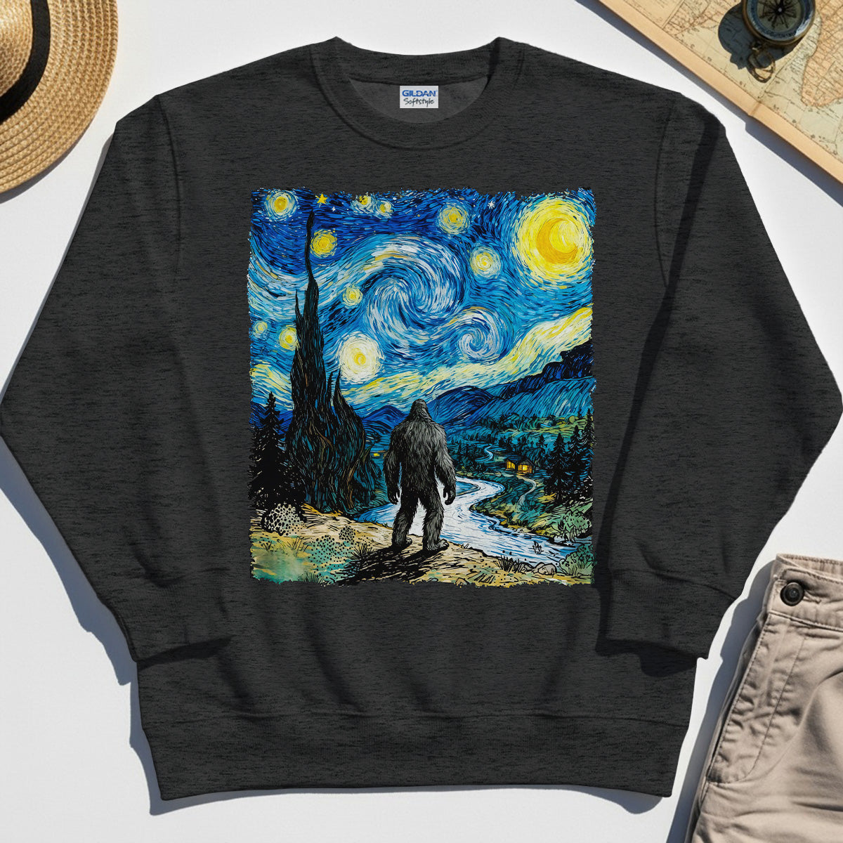 Funny Sasquatch Van Gogh Parody Sweatshirt, Bigfoot Starry Night Sweatshirt 3