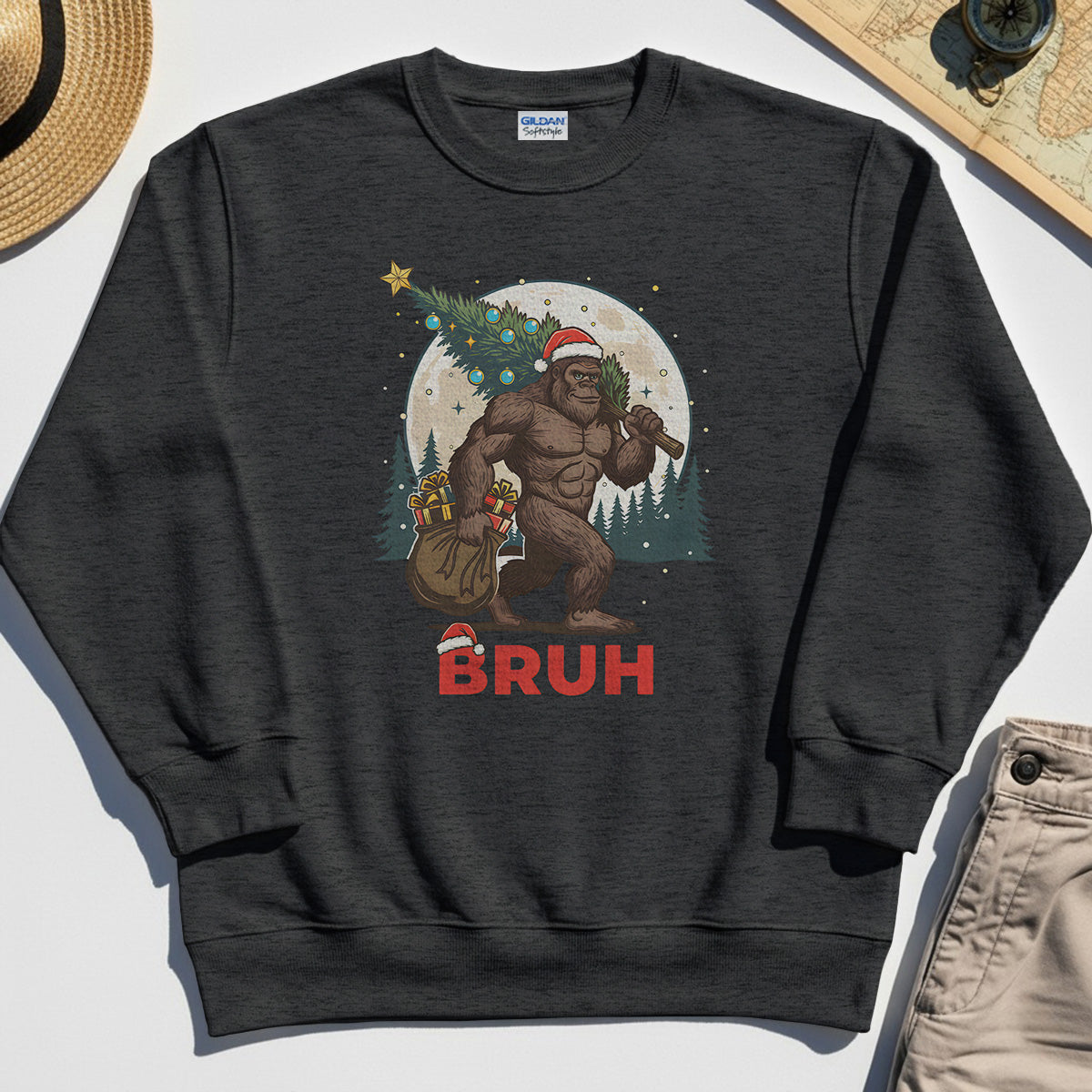 Bigfoot Christmas "BRUH" Sweatshirt, Retro Santa Hat Sasquatch Carrying Christmas Tree Sweatshirt 4