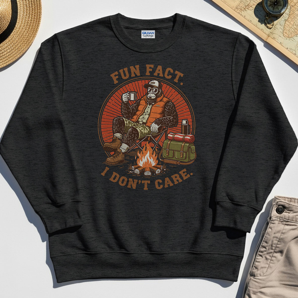 Funny Bigfoot Camping Sweatshirt, "Fun Fact I Don’t Care” 4