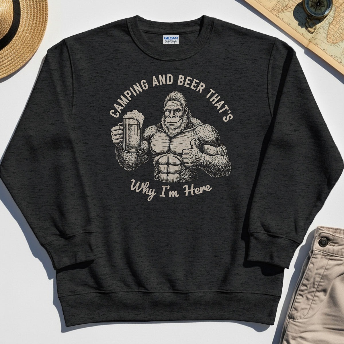 "Camping and Beer That’s Why I’m Here" Funny Bigfoot Camping Sweatshirt 3