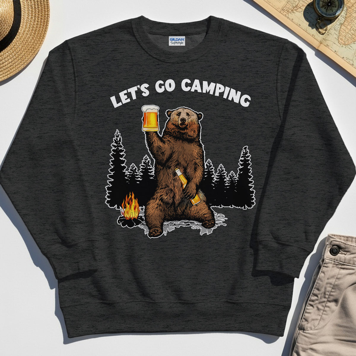 Let’s Go Camping Sweatshirt, Funny Beer Drinking Bear Graphic Sweatshirt For Outdoor & Camping Lovers 4