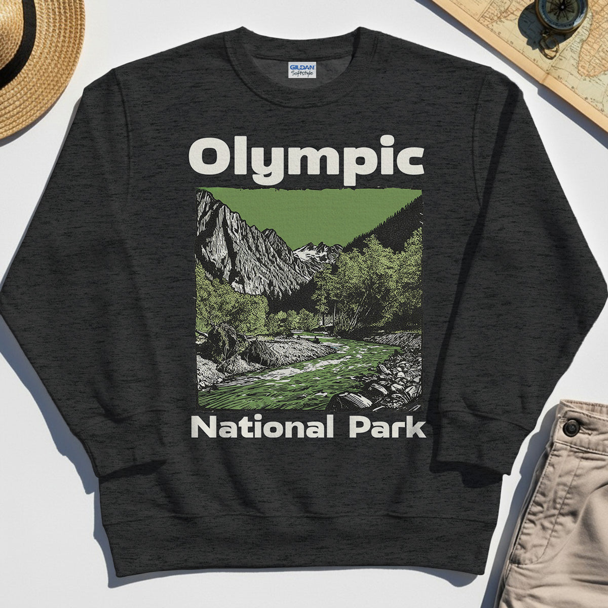 Olympic National Park Sweatshirt, Vintage Mountain River Scene Sweatshirt For Outdoor Adventure Campers 3