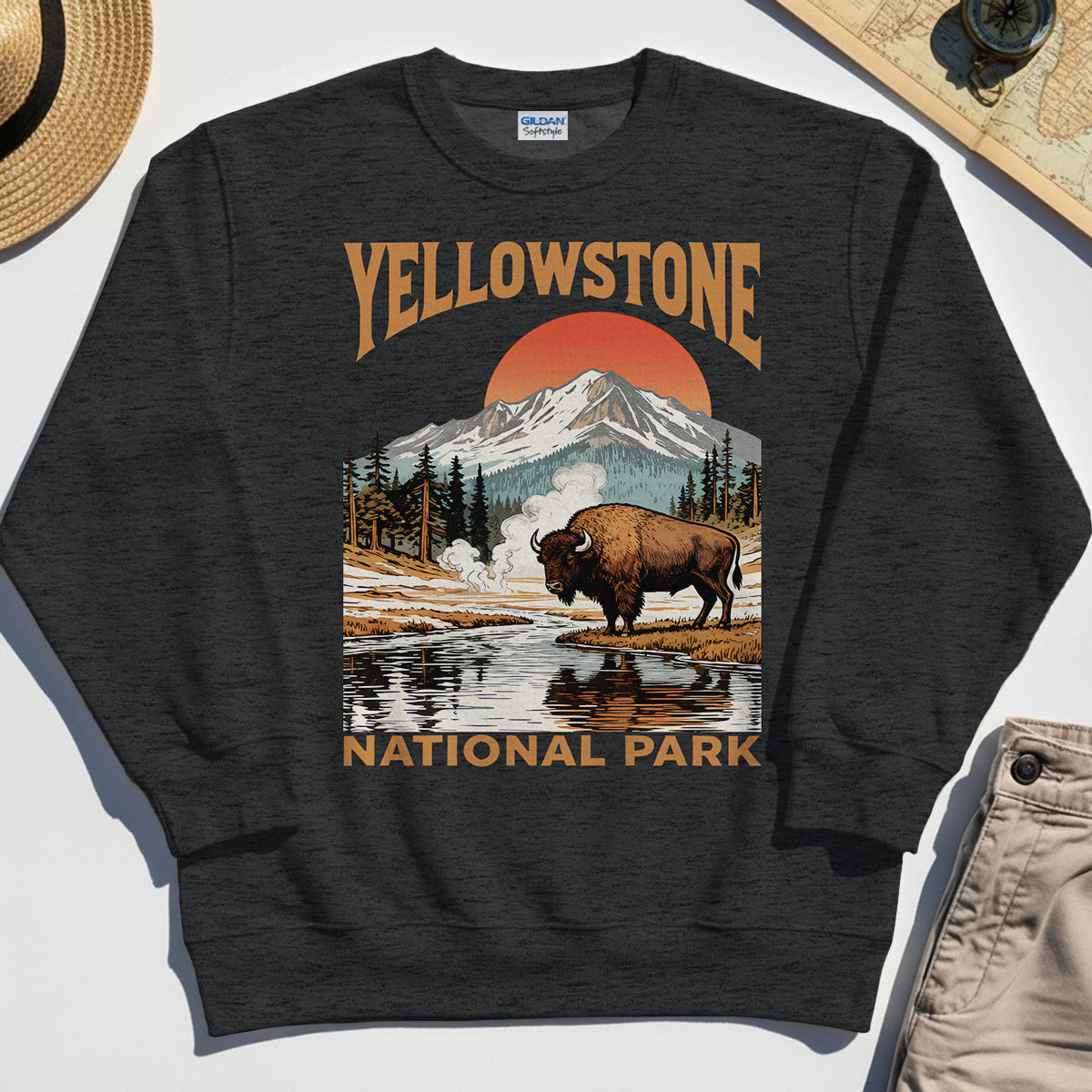 Yellowstone National Park Sweatshirt, Vintage Bison Sunset Mountain Sweatshirt For Campers 3