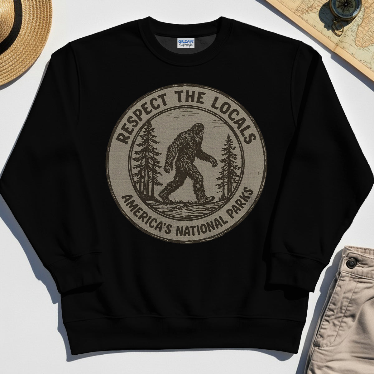 Retro Respect the Locals Bigfoot Sweatshirt, Funny Sasquatch National Park Camping Sweatshirt 1