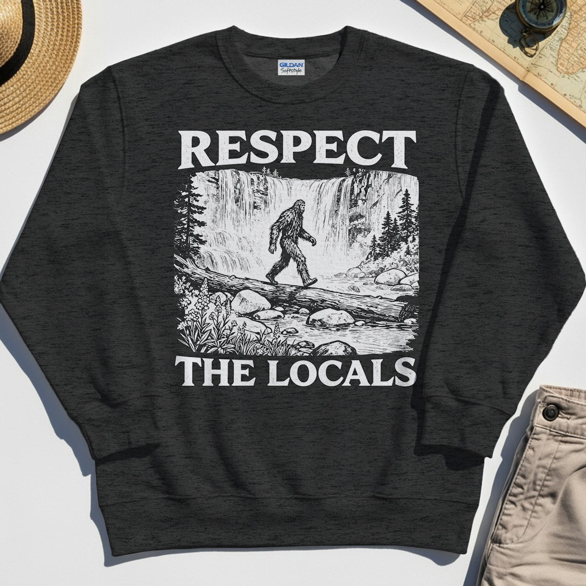 Bigfoot Respect The Locals Sweatshirt, Vintage Waterfall Hiking Graphic Sweatshirt For Camper And Adventurers 3