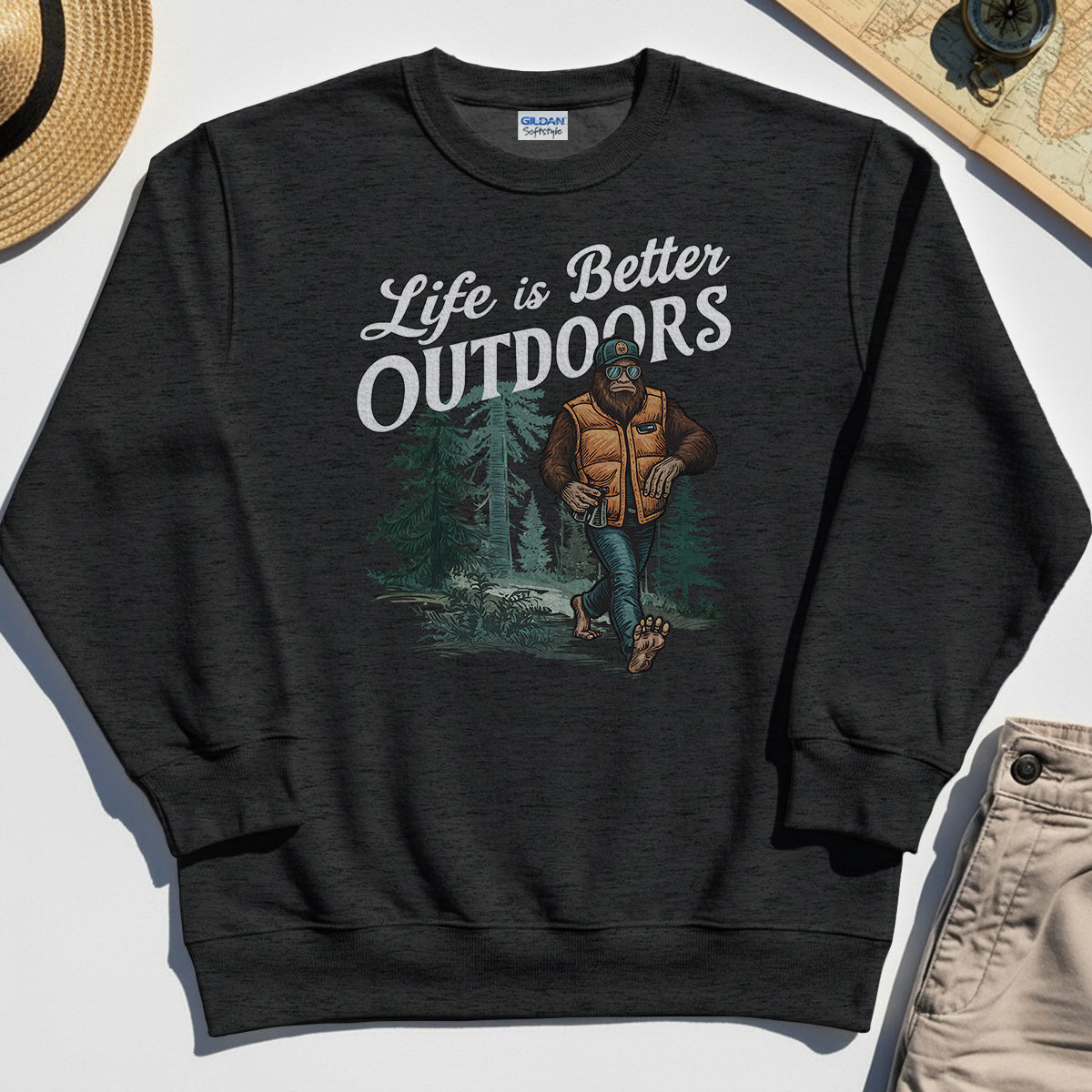 Bigfoot Life Is Better Outdoors Sweatshirt, Retro Camping Graphic Sweatshirts For Outdoor Adventurers 3