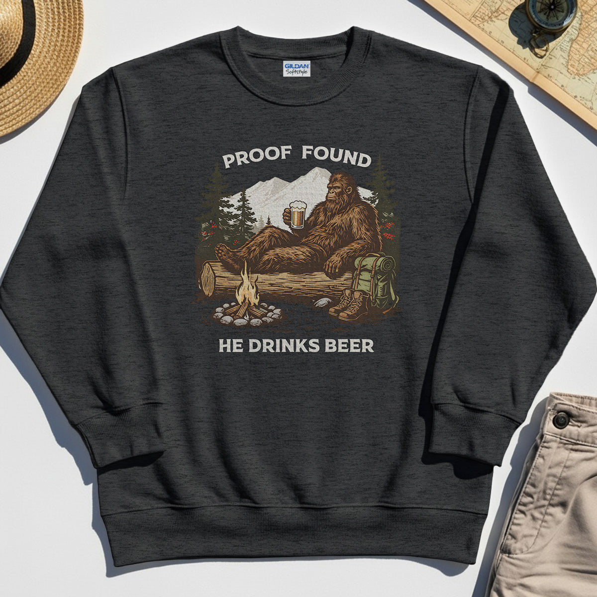 Funny Bigfoot "Proof Found He Drinks Beer" Camping Sweatshirt, Sasquatch Beer Lover Sweatshirt For Campers 4