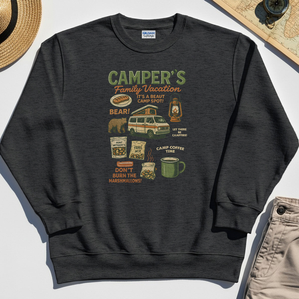 Camper’s Family Vacation Sweatshirt, Funny Outdoor Campfire Coffee Trail Mix Adventure Sweatshirt 4
