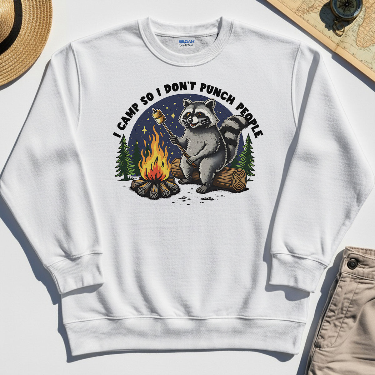 I Camp So I Don’t Punch People Sweatshirt, Funny Raccoon Marshmallow Campfire Sweatshirt 8