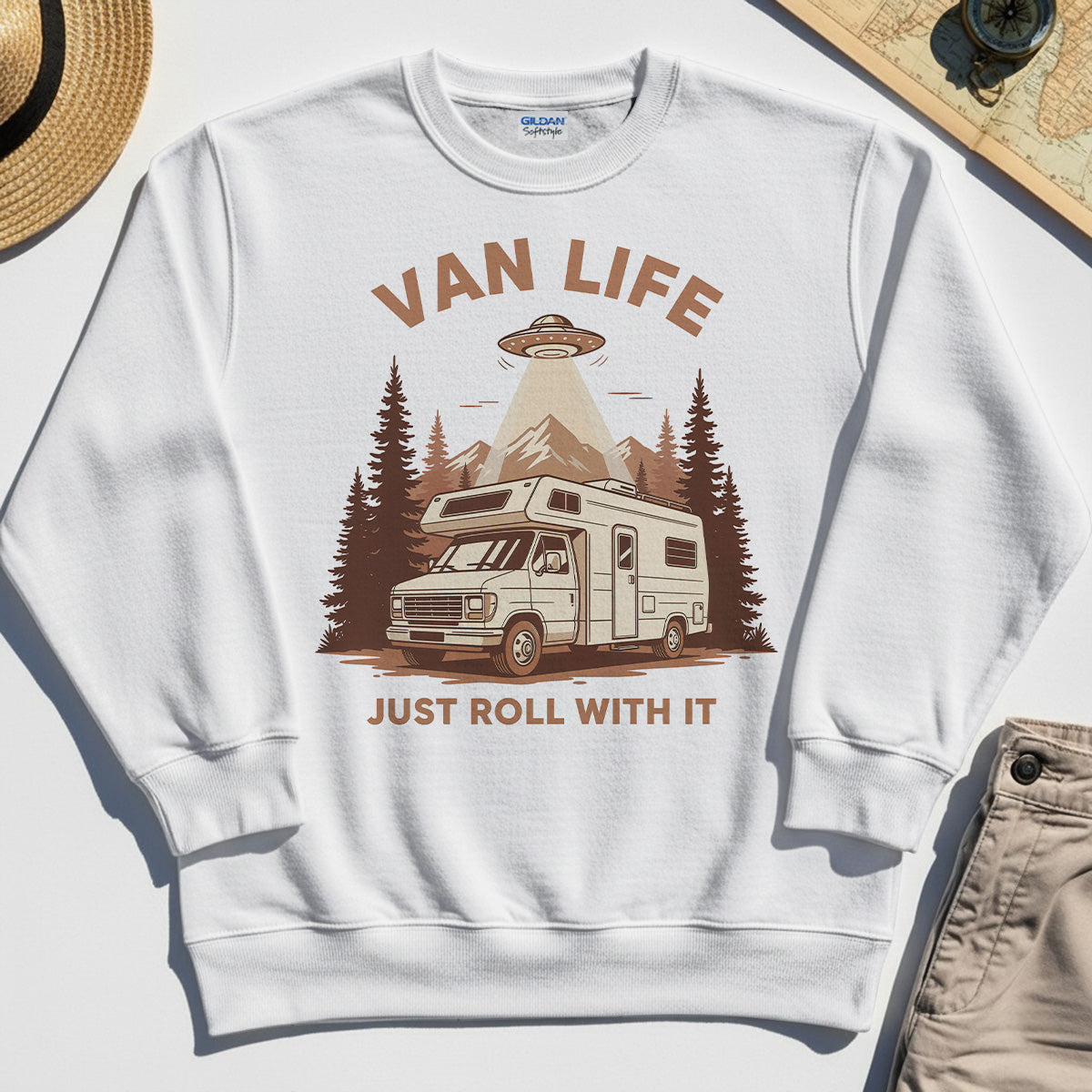 Just Roll With It Sweatshirt, Retro Camper Van Adventure Sweatshirt For Camping Lovers 8