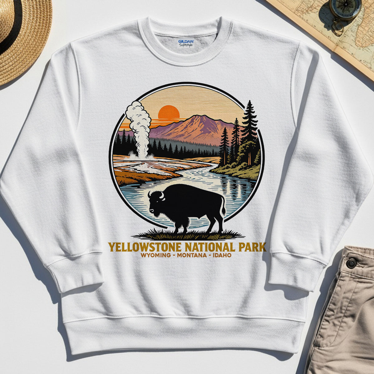 Retro Yellowstone National Park Sweatshirt, Bison Silhouette Outdoor Adventure Sweatshirt For Nature Campers 8