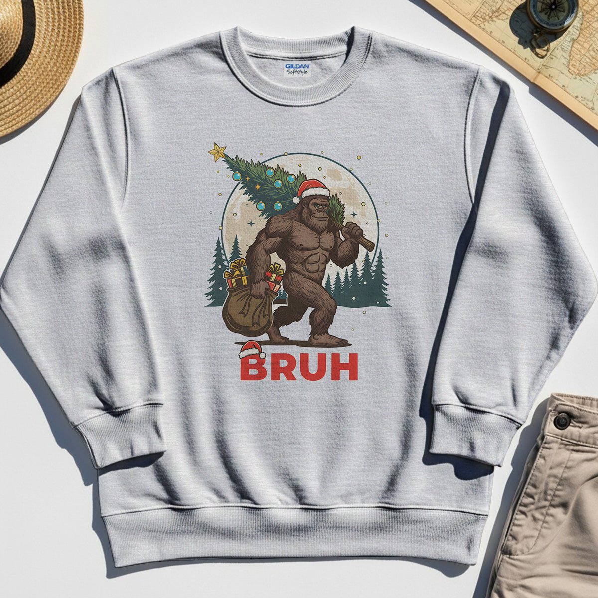 Bigfoot Christmas "BRUH" Sweatshirt, Retro Santa Hat Sasquatch Carrying Christmas Tree Sweatshirt 5