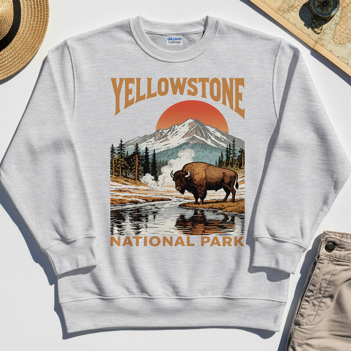 Yellowstone National Park Sweatshirt, Vintage Bison Sunset Mountain Sweatshirt For Campers 4