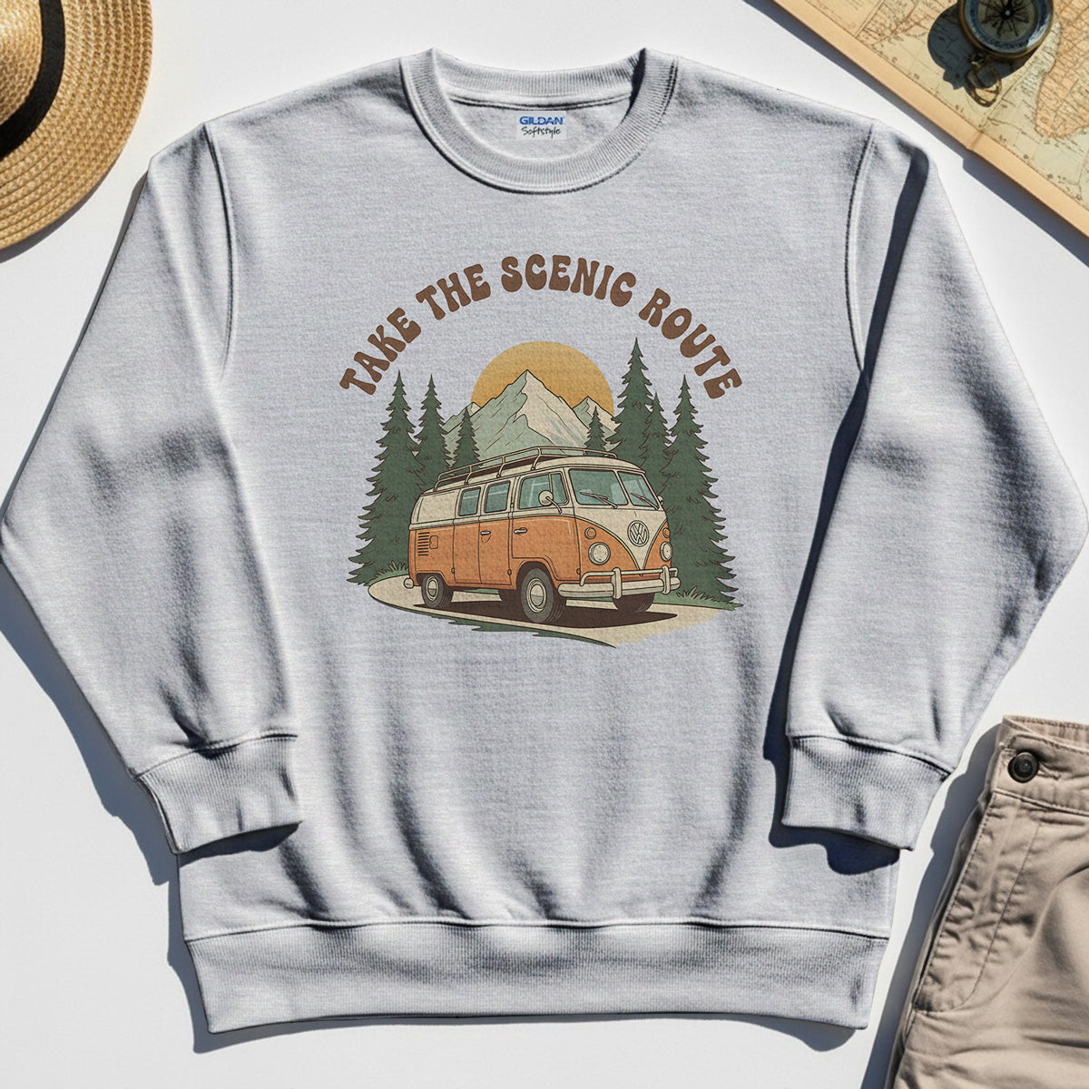 Take The Scenic Route Sweatshirt, Vintage Road Trip Sweatshirt For Travelers And Adventure Lovers 1