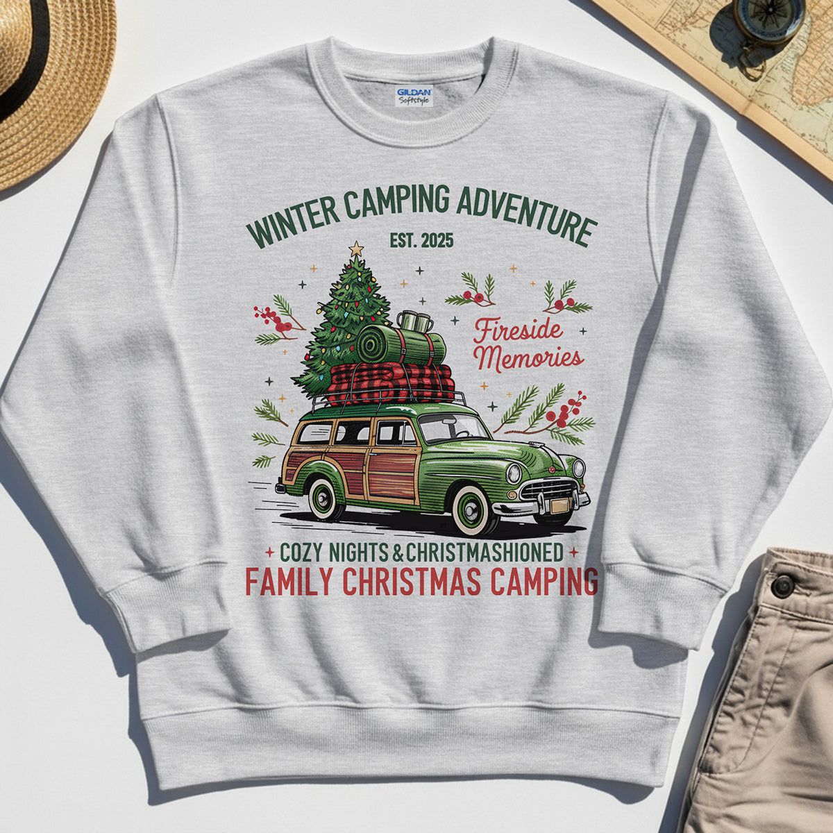 Winter Camping Adventure Sweatshirt, Retro Car with Tree Family Christmas Camping Sweatshirt 5