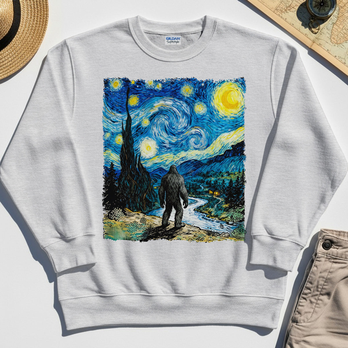 Funny Sasquatch Van Gogh Parody Sweatshirt, Bigfoot Starry Night Sweatshirt 4
