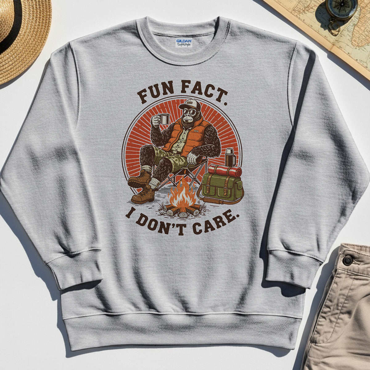 Funny Bigfoot Camping Sweatshirt, "Fun Fact I Don’t Care” 5