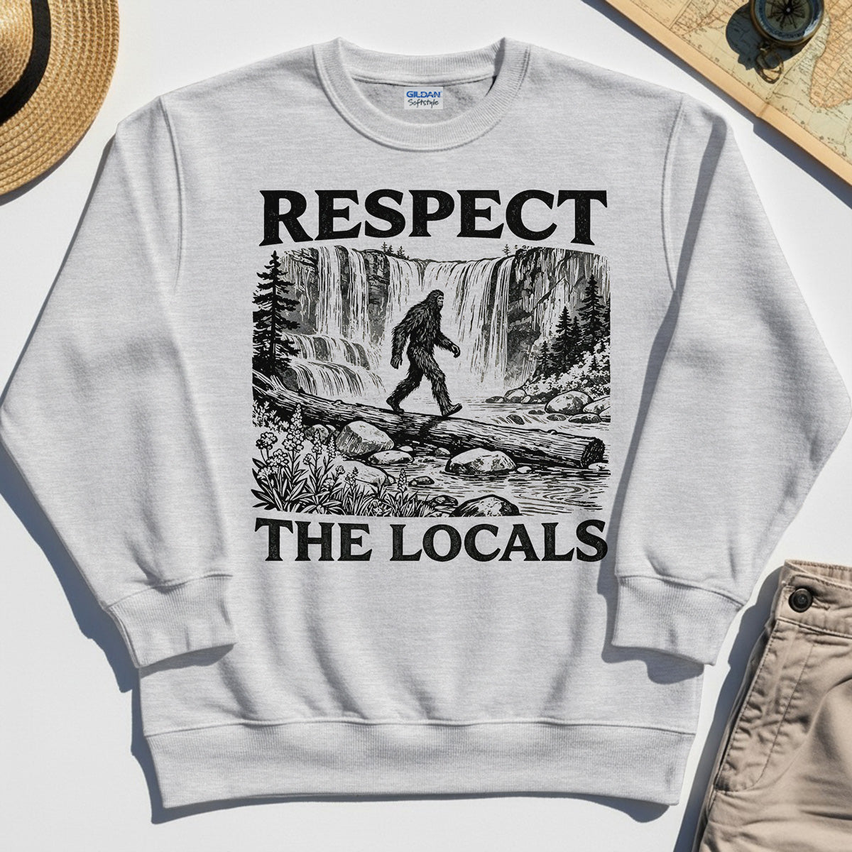 Bigfoot Respect The Locals Sweatshirt, Vintage Waterfall Hiking Graphic Sweatshirt For Camper And Adventurers 4