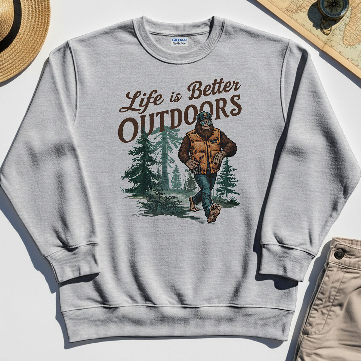 Bigfoot Life Is Better Outdoors Sweatshirt, Retro Camping Graphic Sweatshirts For Outdoor Adventurers 4