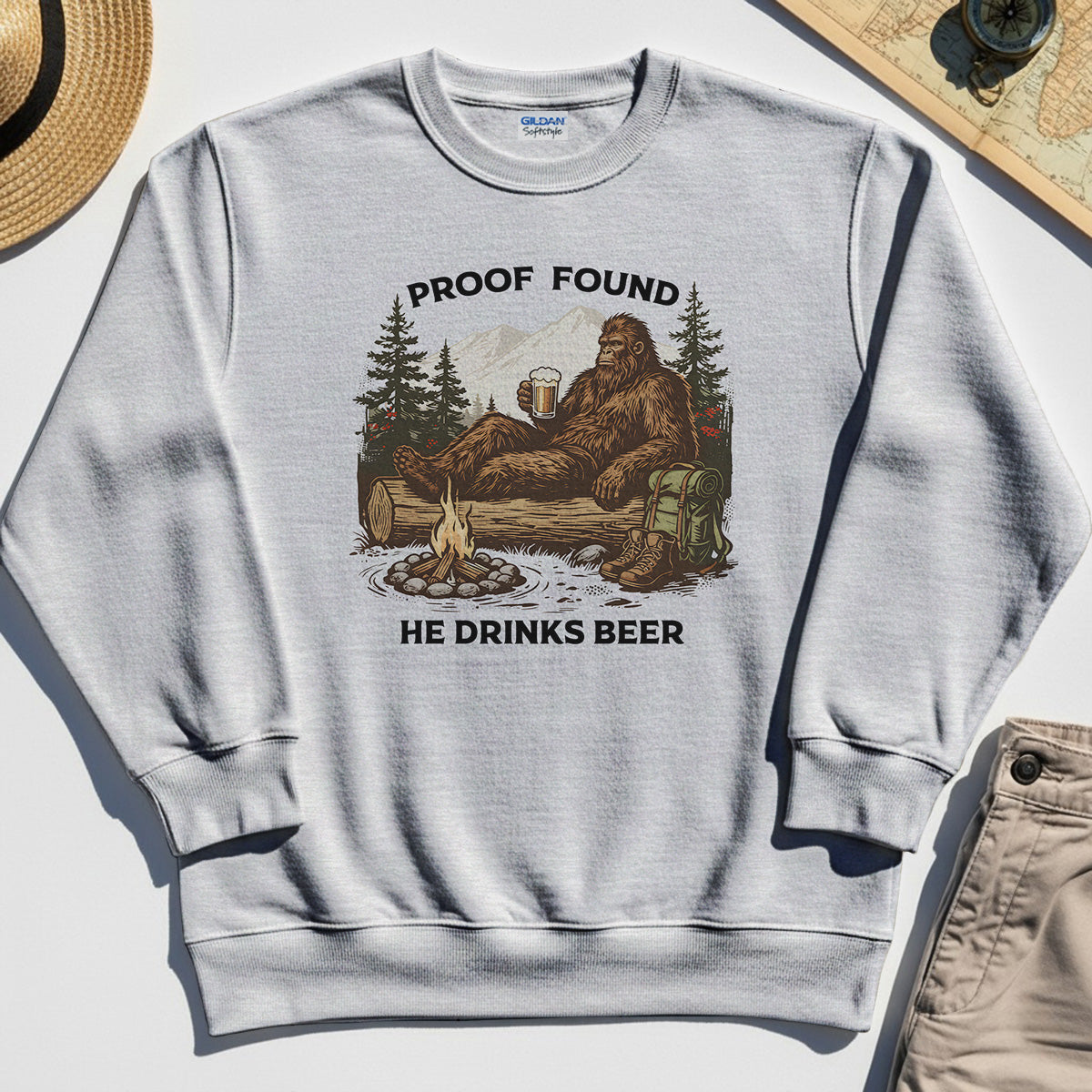 Funny Bigfoot "Proof Found He Drinks Beer" Camping Sweatshirt, Sasquatch Beer Lover Sweatshirt For Campers 5