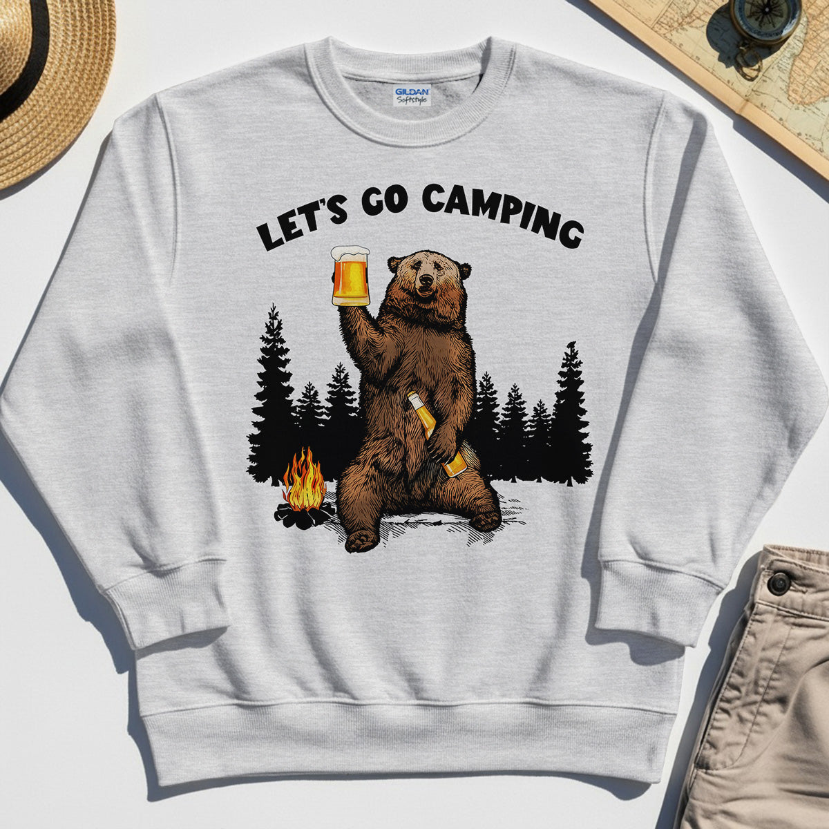 Let’s Go Camping Sweatshirt, Funny Beer Drinking Bear Graphic Sweatshirt For Outdoor & Camping Lovers 5