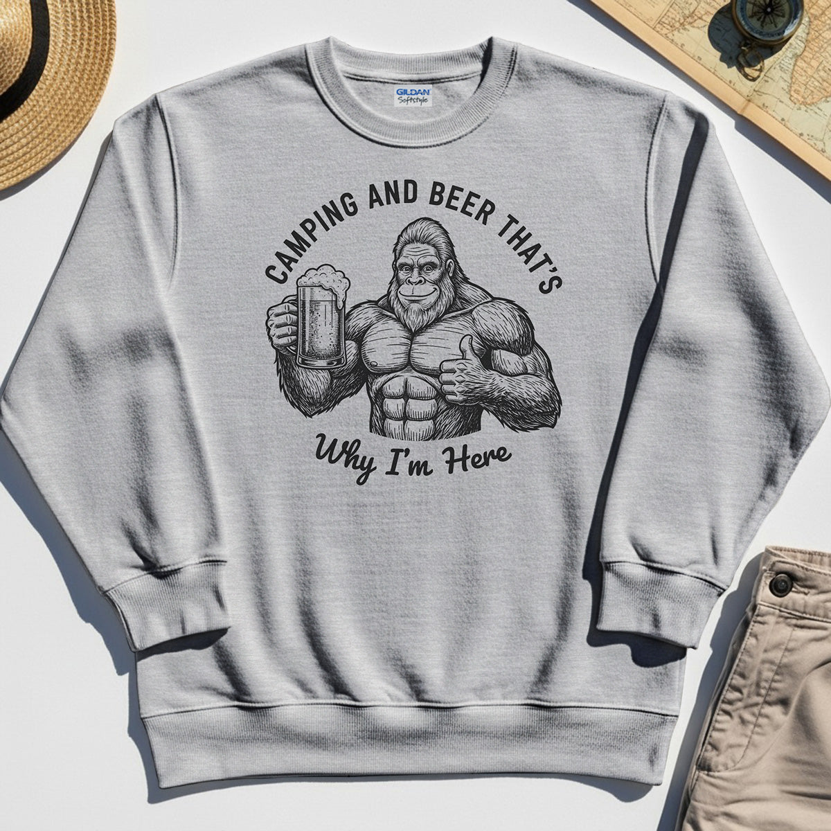 "Camping and Beer That’s Why I’m Here" Funny Bigfoot Camping Sweatshirt 4