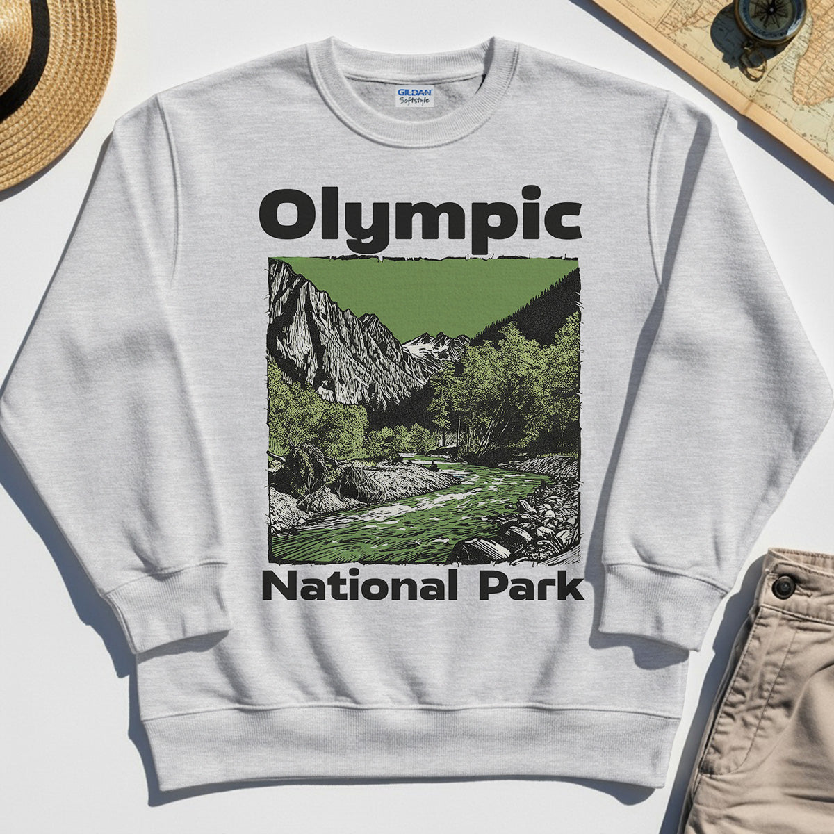 Olympic National Park Sweatshirt, Vintage Mountain River Scene Sweatshirt For Outdoor Adventure Campers 4
