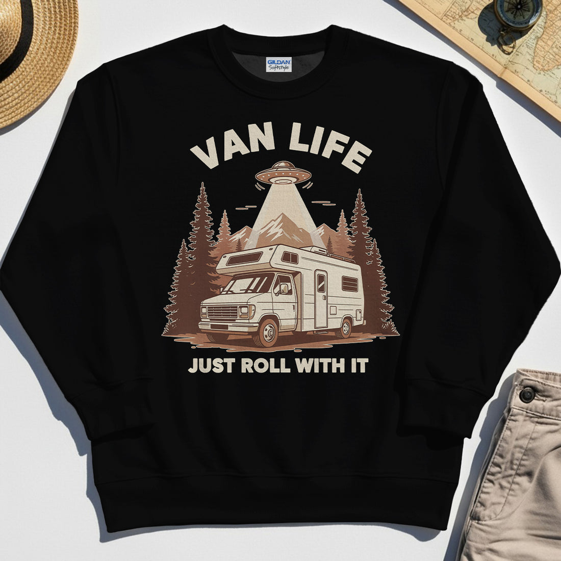 Just Roll With It Sweatshirt, Retro Camper Van Adventure Sweatshirt For Camping Lovers 1