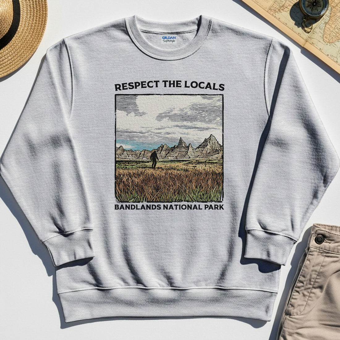 Sasquatch Respect The Locals Sweatshirt, Bigfoot Hiking Through Badlands National Park Sweatshirt 1