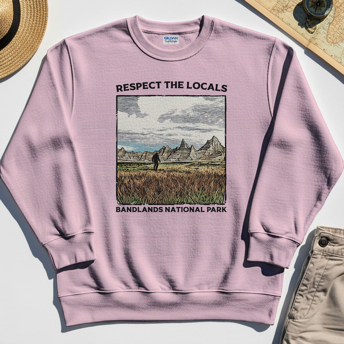Sasquatch Respect The Locals Sweatshirt, Bigfoot Hiking Through Badlands National Park Sweatshirt 5