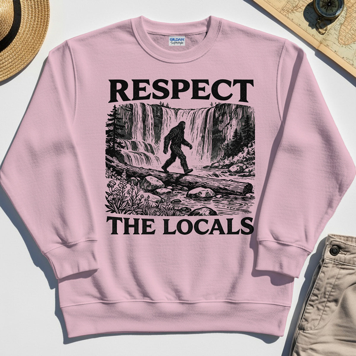 Bigfoot Respect The Locals Sweatshirt, Vintage Waterfall Hiking Graphic Sweatshirt For Camper And Adventurers 5