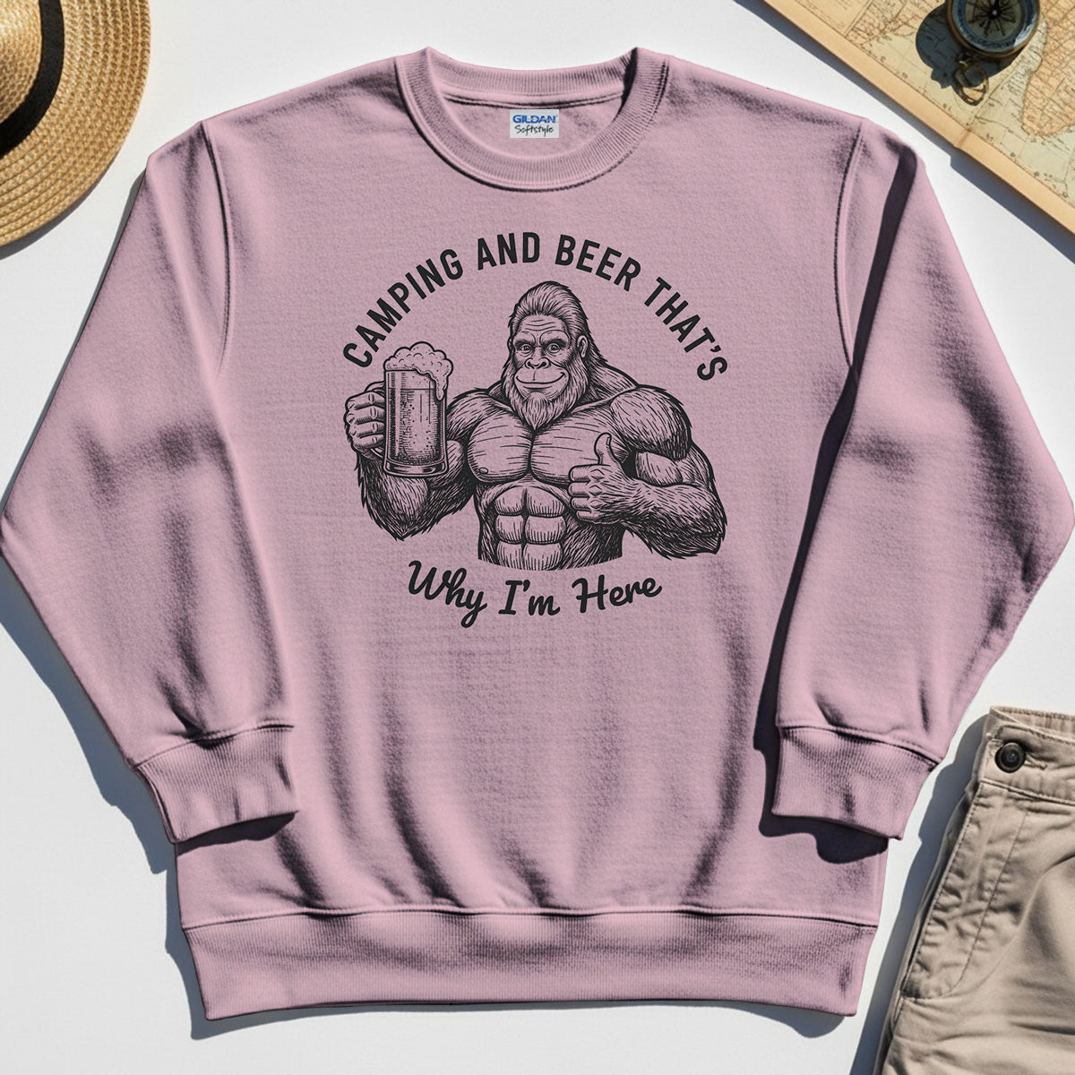 "Camping and Beer That’s Why I’m Here" Funny Bigfoot Camping Sweatshirt 5