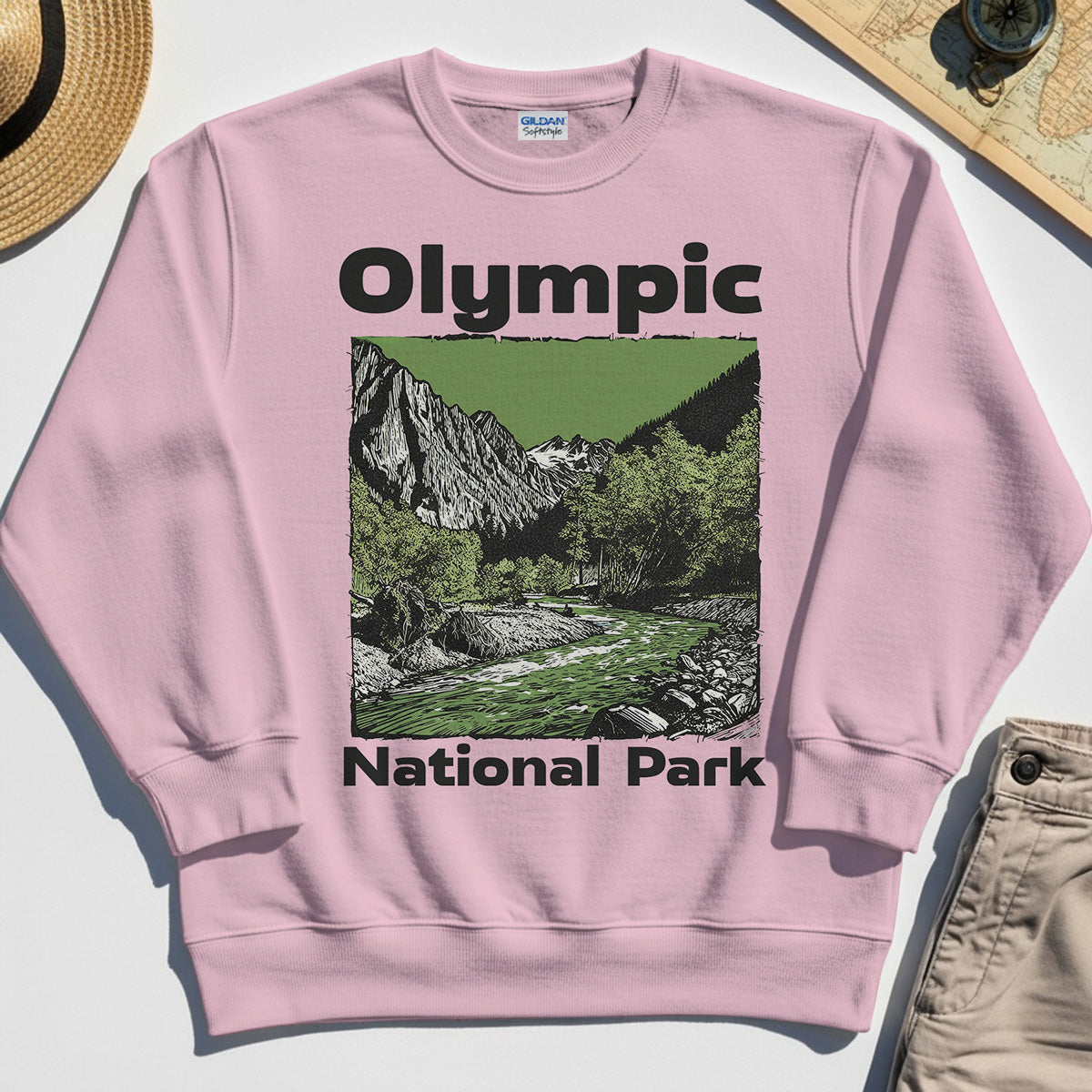 Olympic National Park Sweatshirt, Vintage Mountain River Scene Sweatshirt For Outdoor Adventure Campers 5