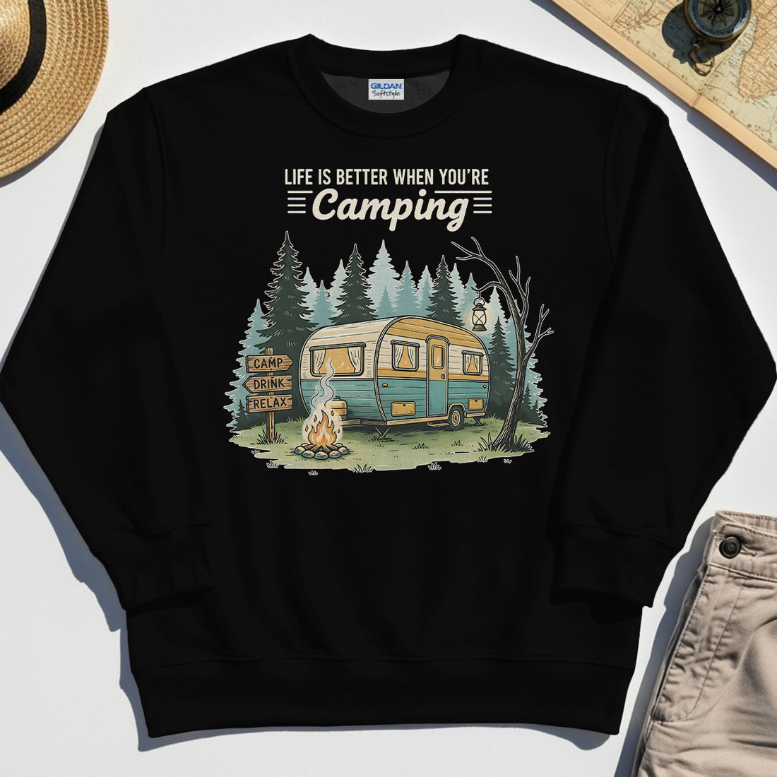 Life Is Better When You’re Camping Sweatshirt, Retro Camper and Campfire Sweatshirt For Travelers and Campers 1