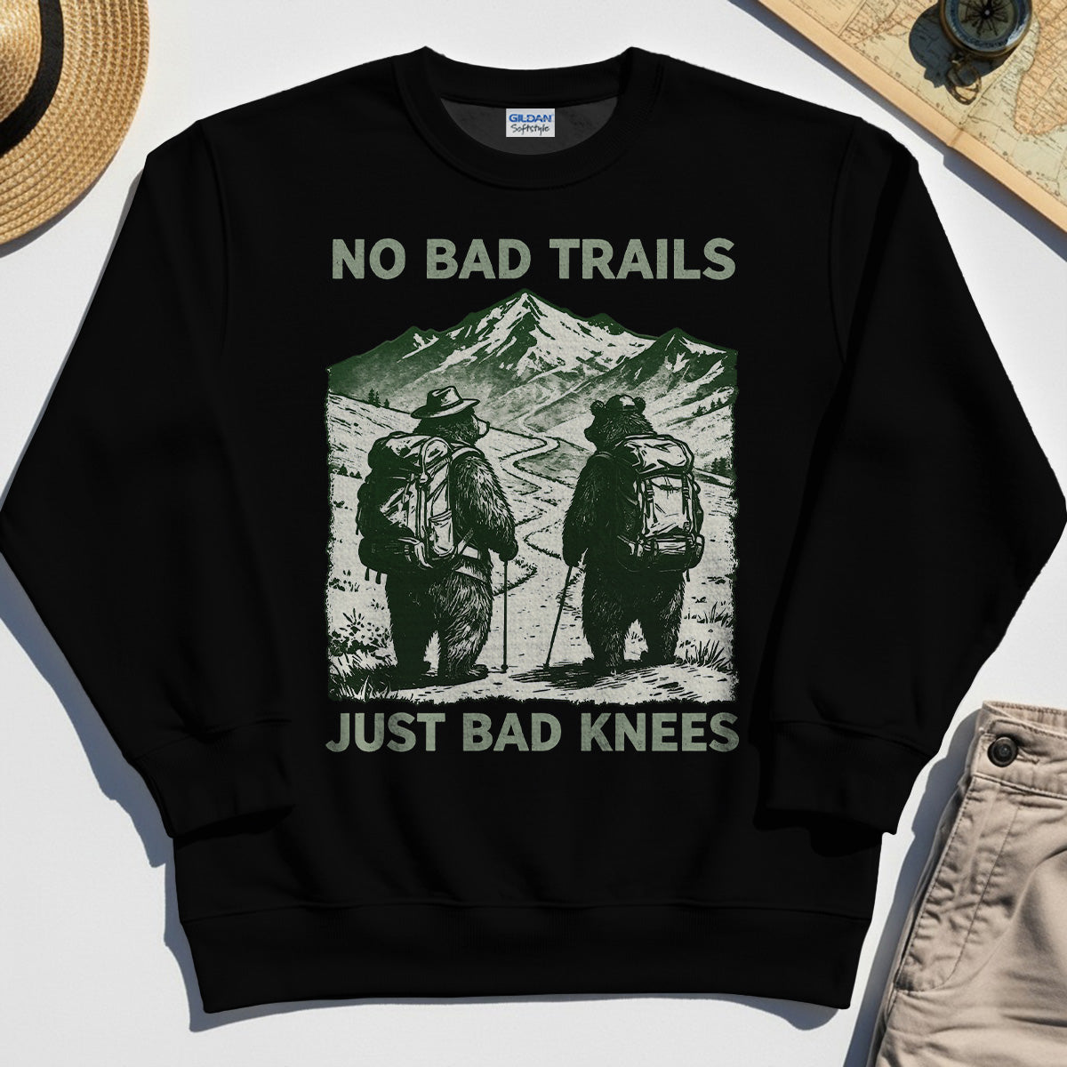 No Bad Trails Just Bad Knees Sweatshirt, Vintage Bear Backpacking Sweatshirt For Campers and Outdoor Enthusiasts 2