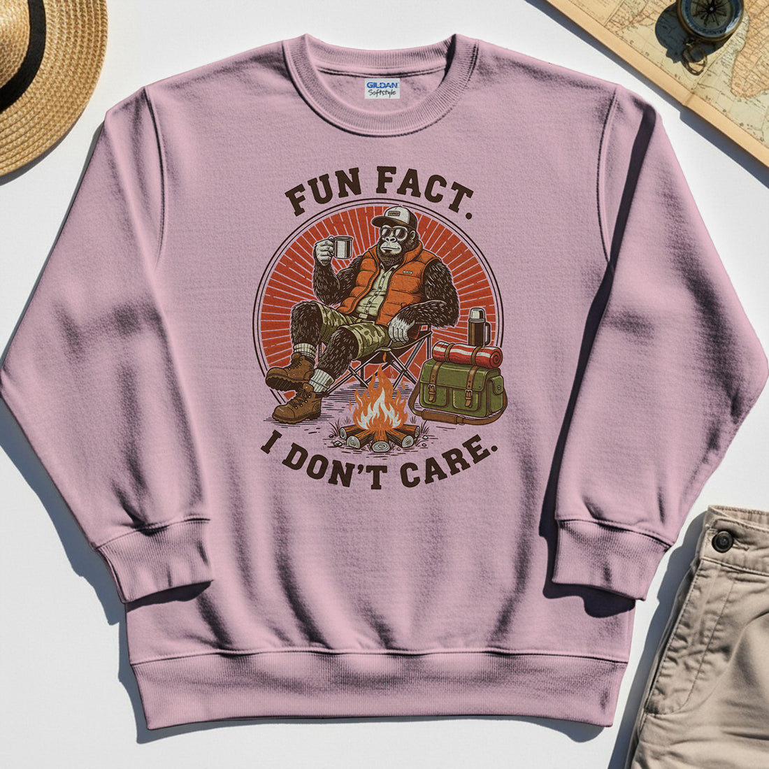 Funny Bigfoot Camping Sweatshirt, "Fun Fact I Don’t Care” 1