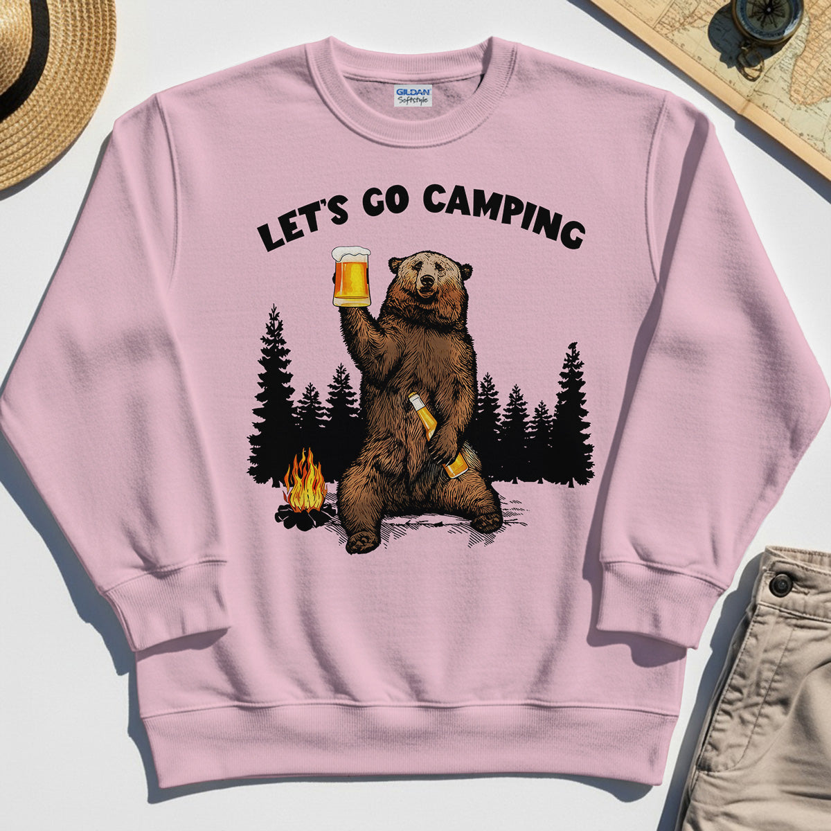 Let’s Go Camping Sweatshirt, Funny Beer Drinking Bear Graphic Sweatshirt For Outdoor & Camping Lovers 6