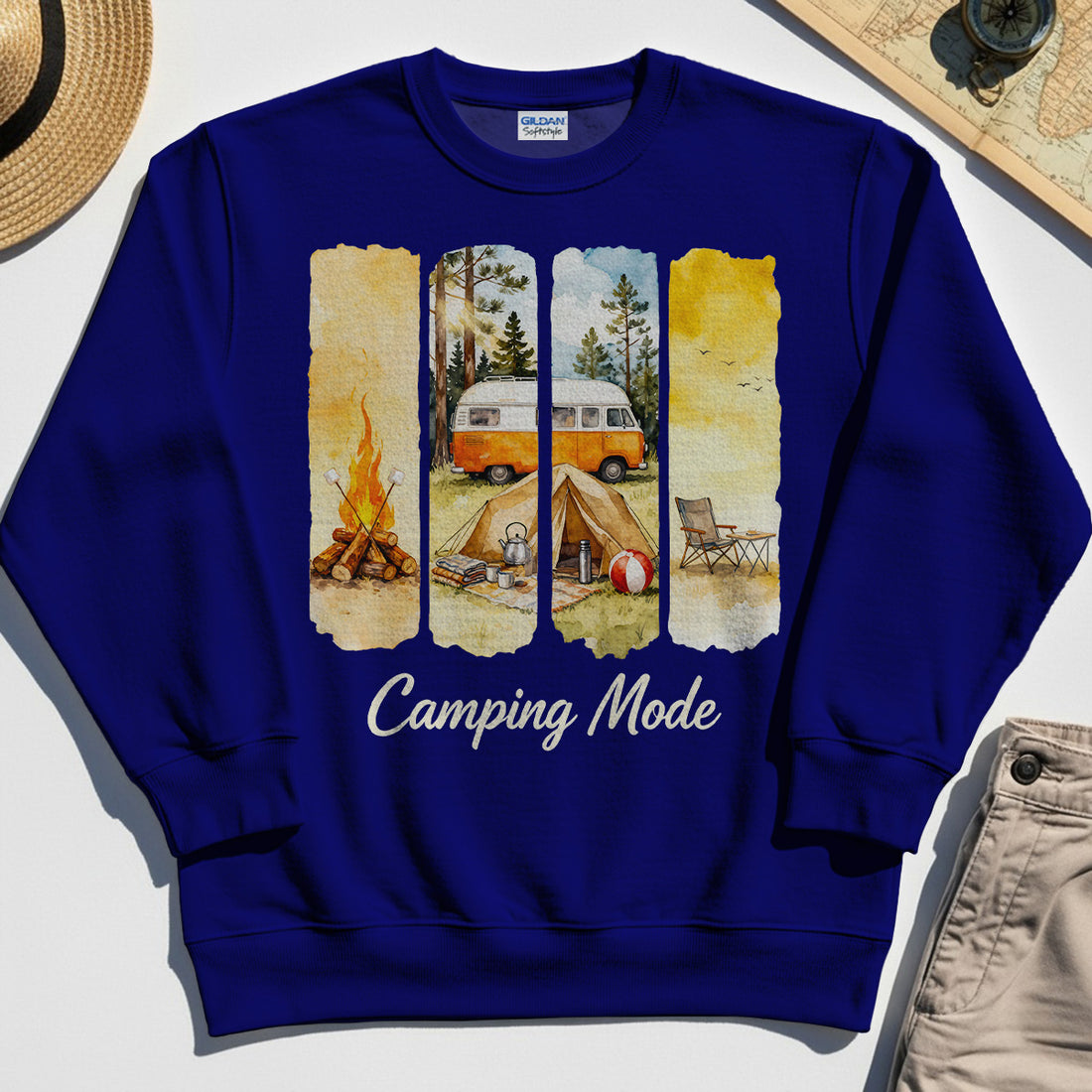 Van Life and Campfire Graphic Sweatshirt, Watercolor Campfire and Tent Graphic Sweatshirt For Outdoor Lovers 1