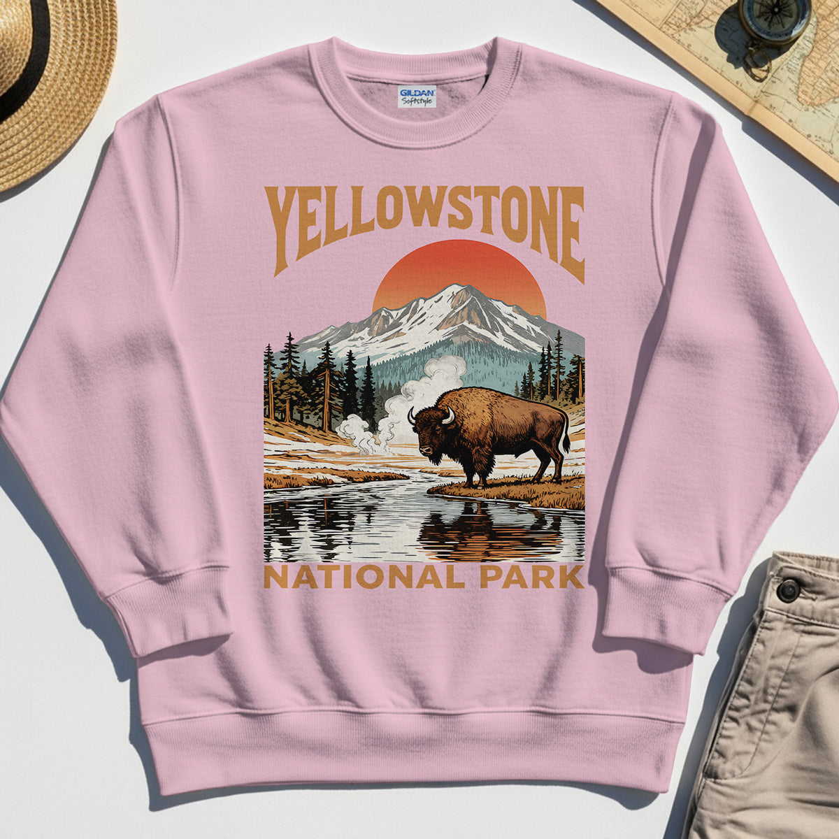 Yellowstone National Park Sweatshirt, Vintage Bison Sunset Mountain Sweatshirt For Campers 5