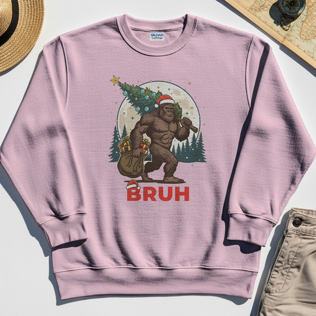 Bigfoot Christmas "BRUH" Sweatshirt, Retro Santa Hat Sasquatch Carrying Christmas Tree Sweatshirt 6