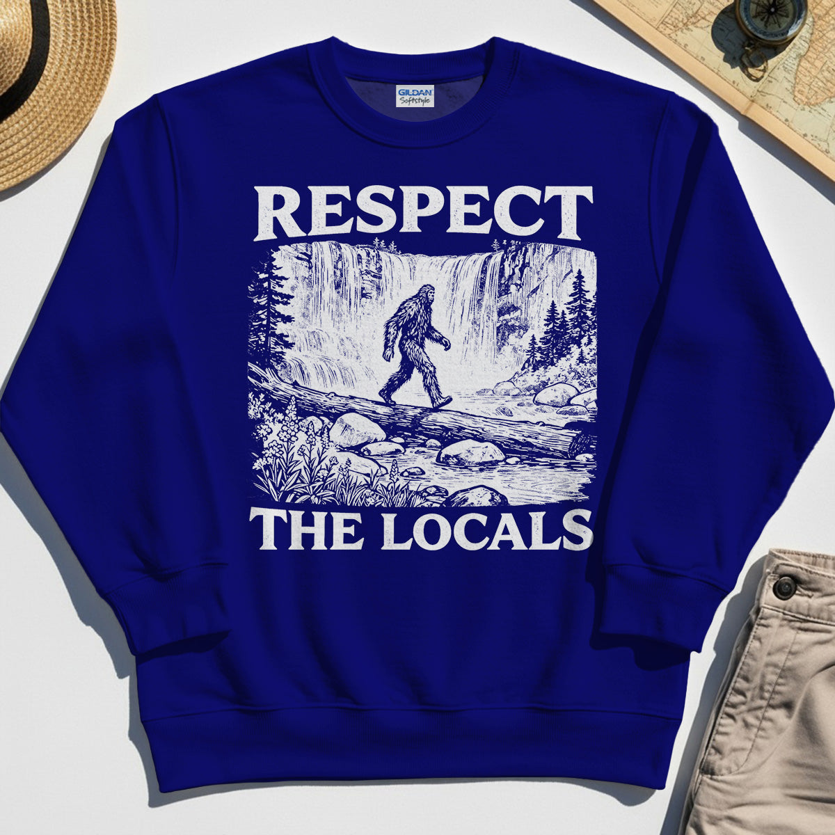 Bigfoot Respect The Locals Sweatshirt, Vintage Waterfall Hiking Graphic Sweatshirt For Camper And Adventurers 6