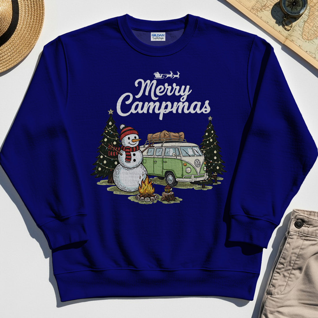 Funny Merry Christmas Camping Sweatshirt, Retro Camper Van Snowman Campfire Sweatshirt For Outdoor Lovers 1
