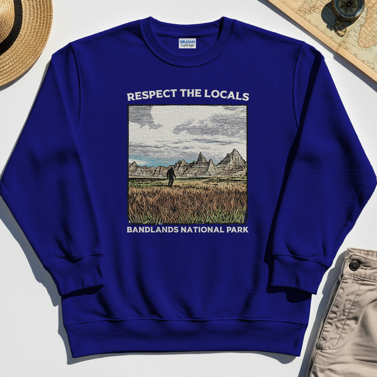 Sasquatch Respect The Locals Sweatshirt, Bigfoot Hiking Through Badlands National Park Sweatshirt 6