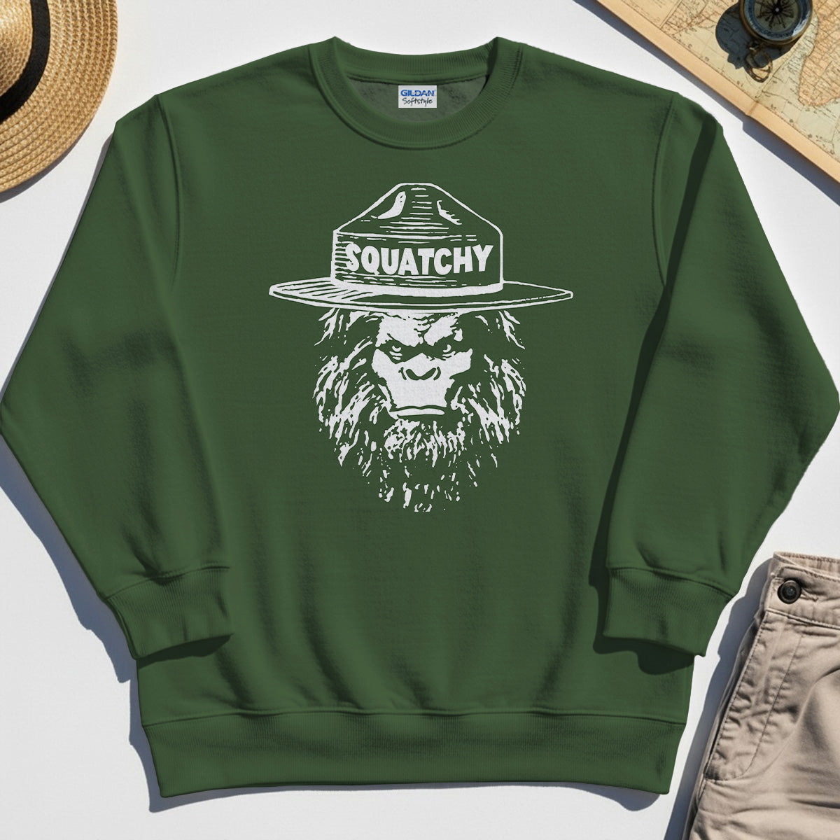Sasquatch "SQUATCHY" Funny Bigfoot Sweatshirt, Retro Line Art Bigfoot Face Sweatshirt For Camping Lovers 3
