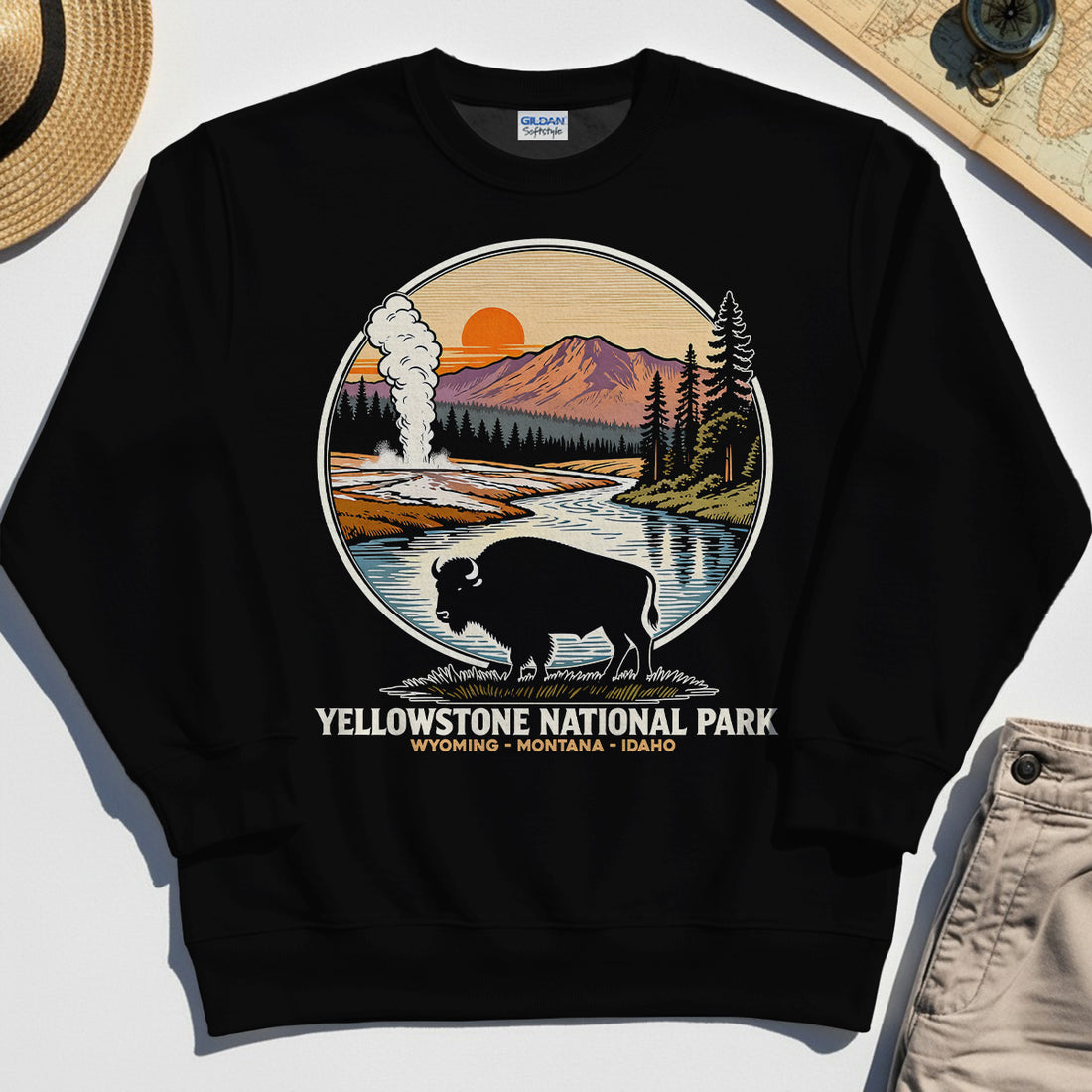 Retro Yellowstone National Park Sweatshirt, Bison Silhouette Outdoor Adventure Sweatshirt For Nature Campers 1