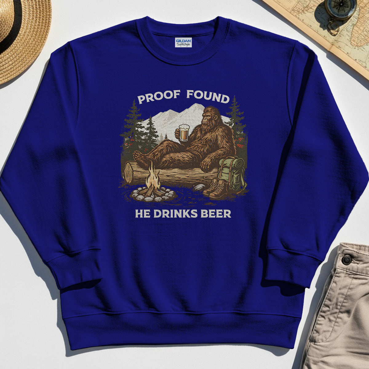 Funny Bigfoot "Proof Found He Drinks Beer" Camping Sweatshirt, Sasquatch Beer Lover Sweatshirt For Campers 1